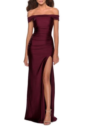 formal dresses_La Femme Off the Shoulder Dress with Tie Back and Slit in Dark Berry at Nordstrom, Size 00