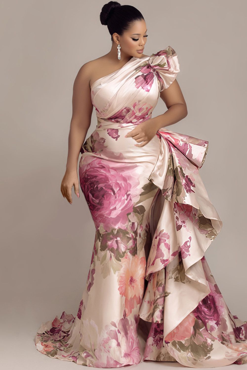 formal dresses_Xpluswear Design Plus Size Formal Pink Oblique Collar One Shoulder Ruffle Elegant Satin Maxi Dresses