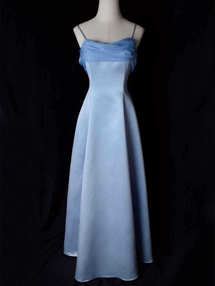 formal dresses_Vintage Blue Satin Spaghetti Straps Gown Elegant Dress