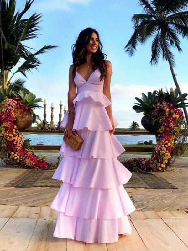 formal dresses_Chic A-Line V Neck Open Back Pink Satin Tiered Long Prom Dresses,769