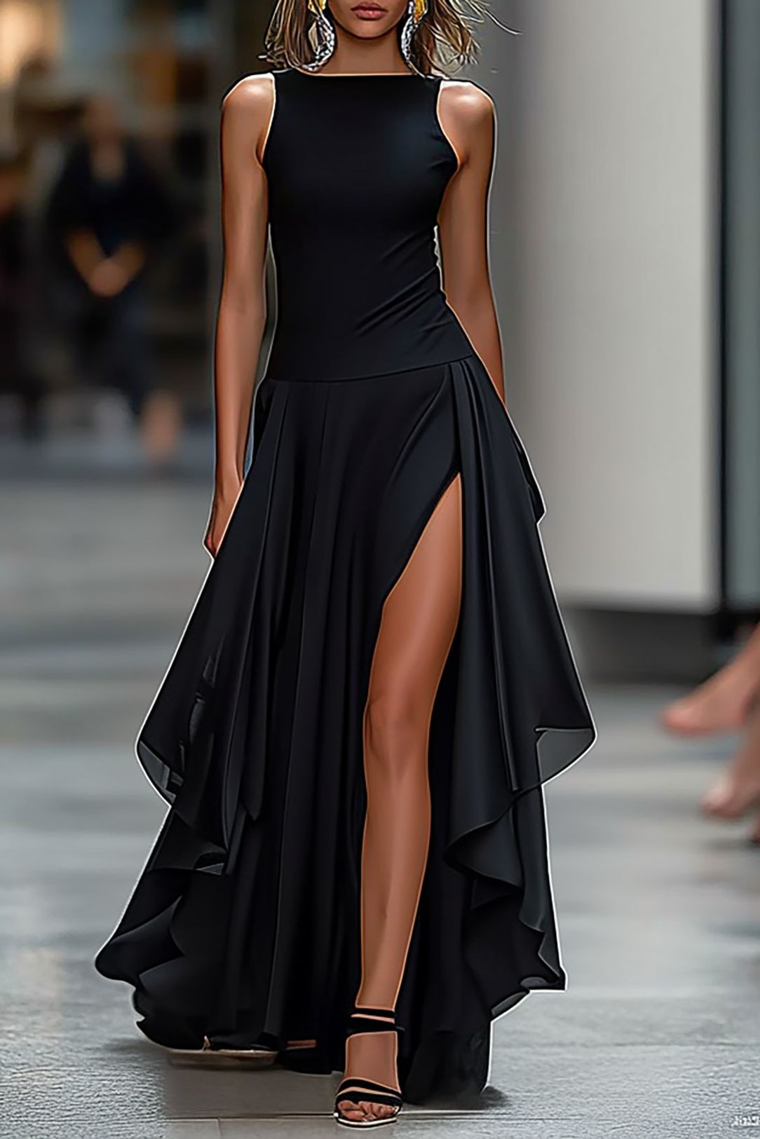 formal dresses_Formal Work Party Boat Neck Royal Blue Sleeveless Belted Slit Midi Dre