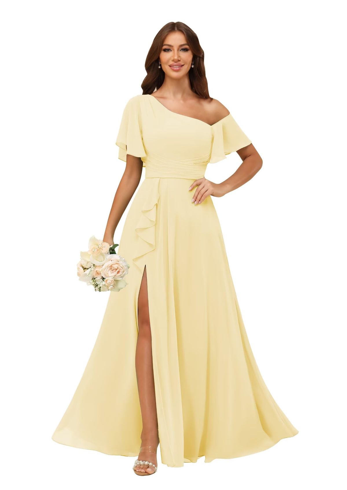 formal dresses_wayfor One Shoulder Bridesmaid Dresses for Women with Pockets Short Sleeve Ruffled Chiffon Formal Evening Gowns