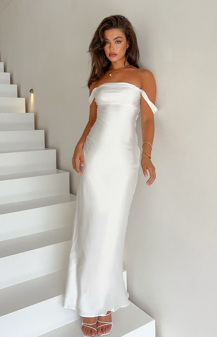 formal dresses_Stunning Ella White Off Shoulder Formal Dress 2025