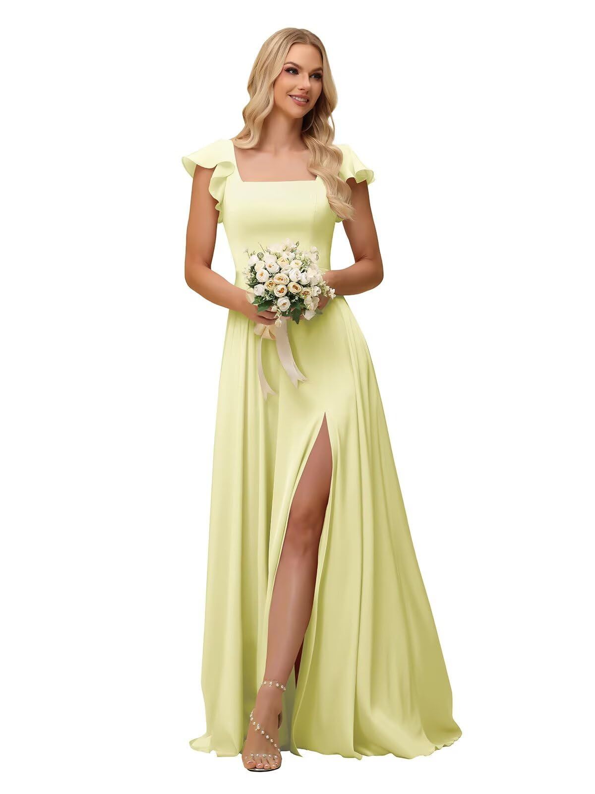 formal dresses_Xijun Satin Bridesmaid Dresses Long for Wedding Ruffle Sleeve Square Neck Formal Evening Dress for Women with Slit