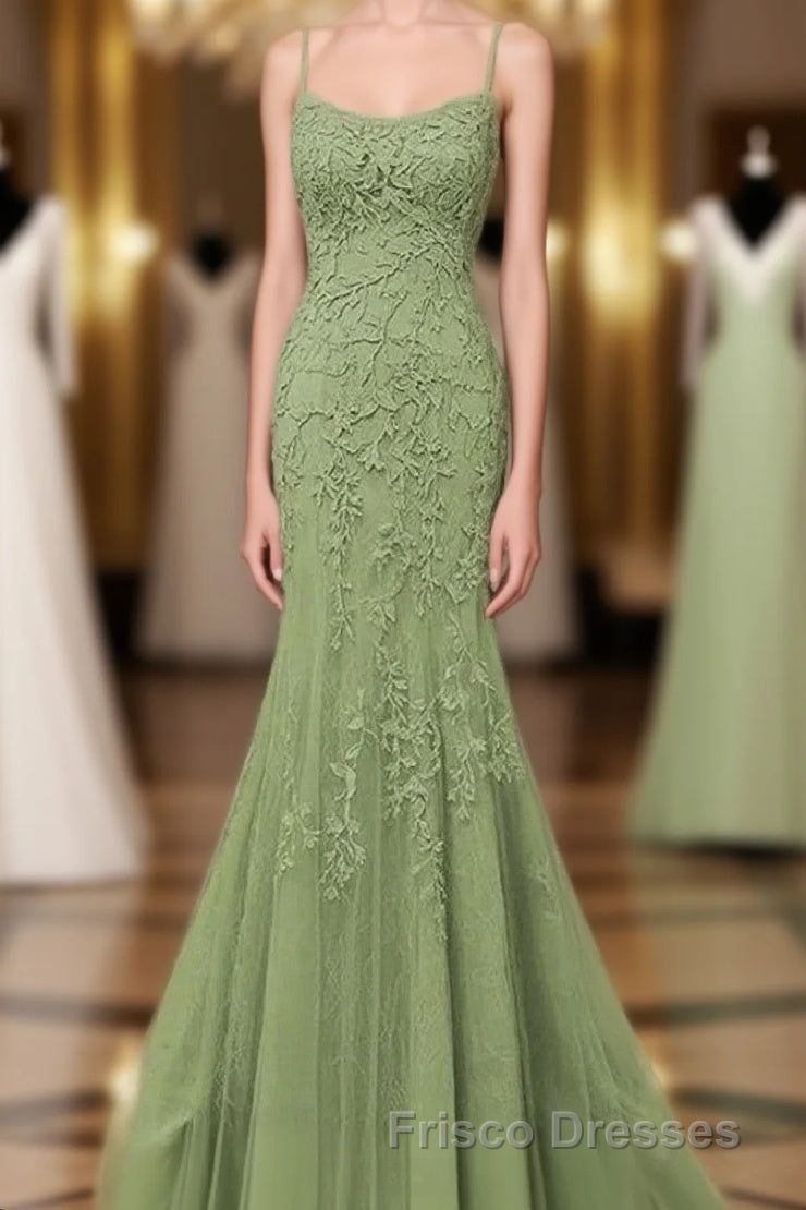 formal dresses_Lovely Sage Green Straps Mermaid Long Formal Prom Dress, Lace-Up Evening Dress Formal Prom Dress - Sage Green / US4