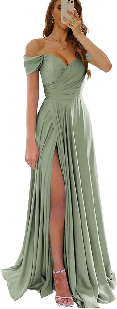 formal dresses_Zoghoo Off The Shoulder Prom Dresses for Women Satin Bridesmaid Dress with Slit Corset Formal Evening Gown