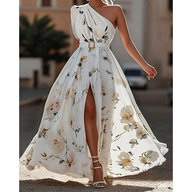 elegant dresses_Women's Long Dress Maxi Dress Casual Dress Print Dress Elegant Fashion Modern Daily Outdoor Vacation Regular Fit Floral Sleeveless One Shoulder White Yellow Pink Purple Fall Winter