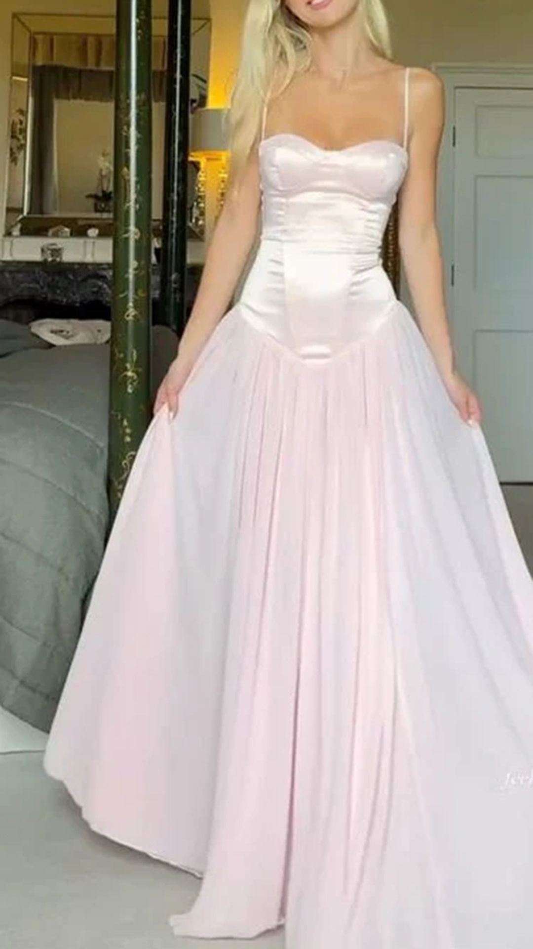 formal dresses_Cute A Line Spaghetti Straps Light Pink Long Prom Dress with Ruffles