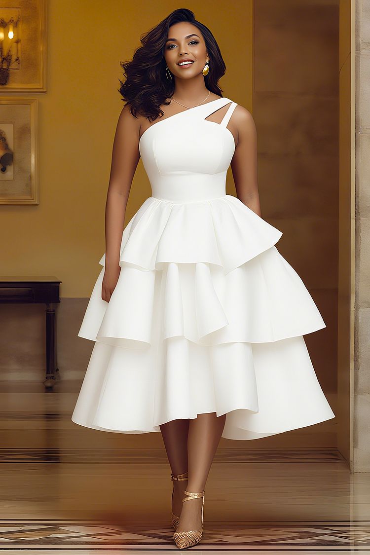 formal dresses_One Shoulder Cinched Waist Layered Hem Party Midi Dresses-Orange