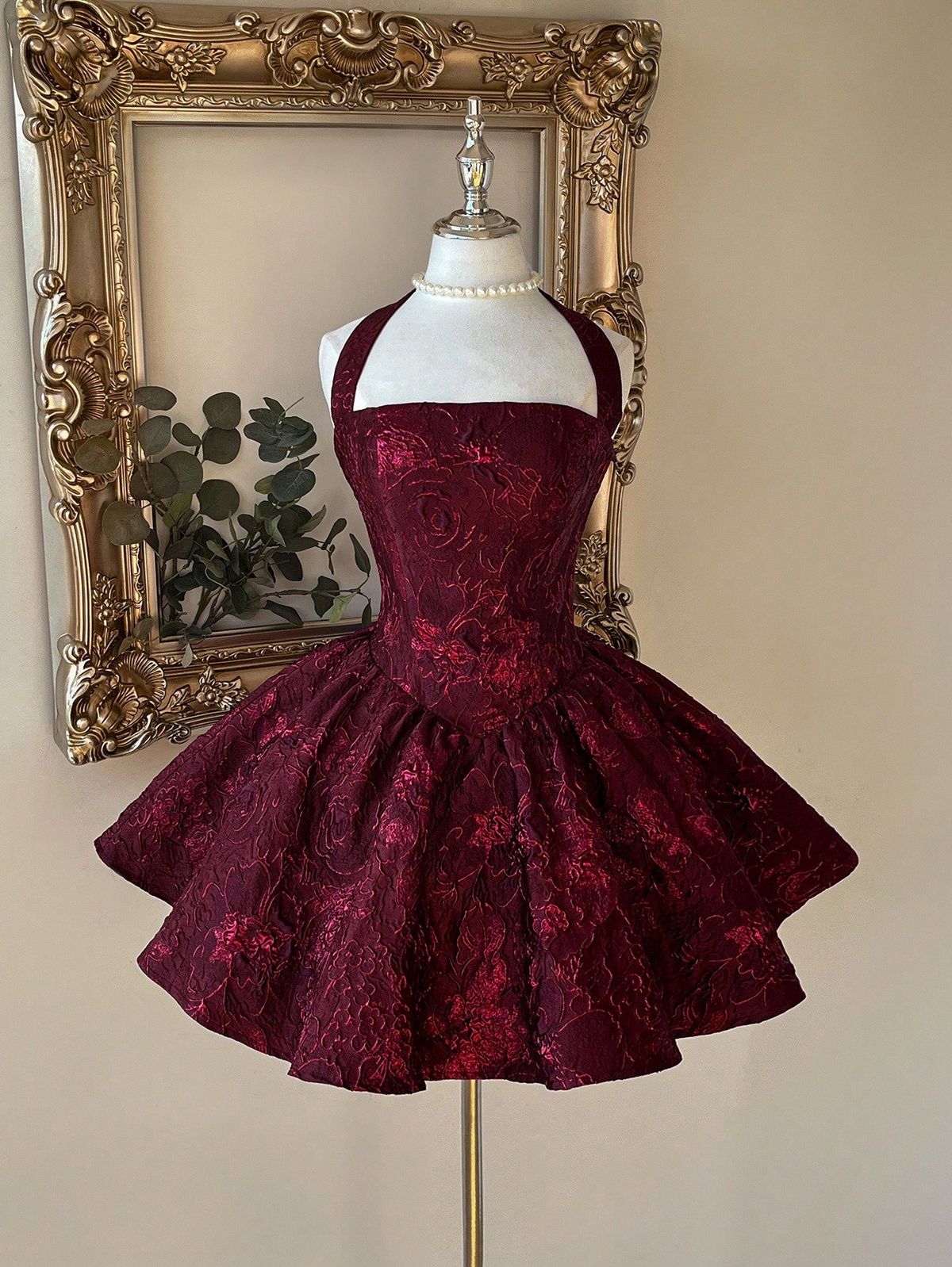 elegant dresses_Elegant, Romantic, Fashionable Burgundy Jacquard Fabric Halter Backless Long Sleeve A-Line Dress, Suitable For Graduation Ceremony, School Opening, Music Festival, Birthday Party, Wedding, Afternoon Tea Gathering, Prom