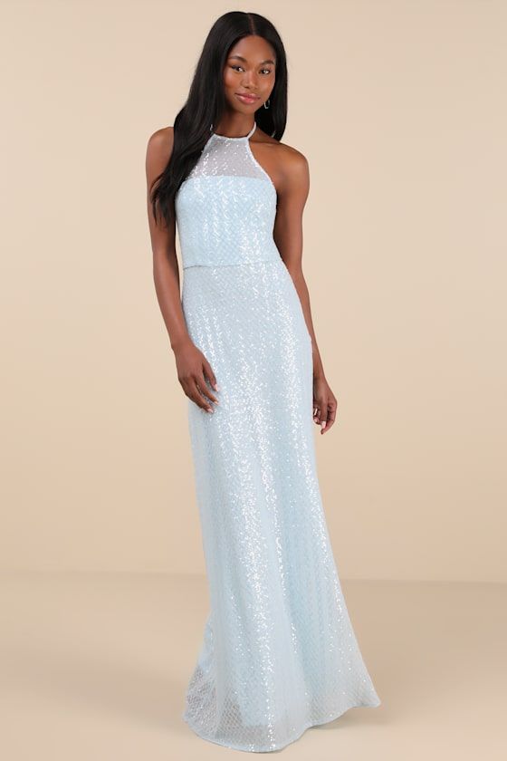 formal dresses_Kalina Light Blue Sequin Halter Maxi Dress