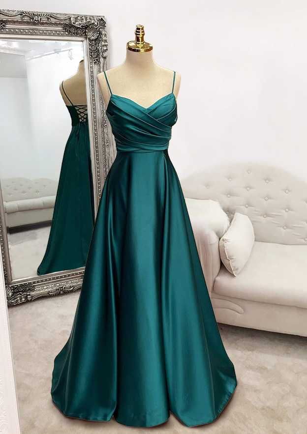 formal dresses_A-line V Neck Spaghetti Straps Long/Floor-Length Satin Prom Dress With Pleated - Prom Dresses - Stacees