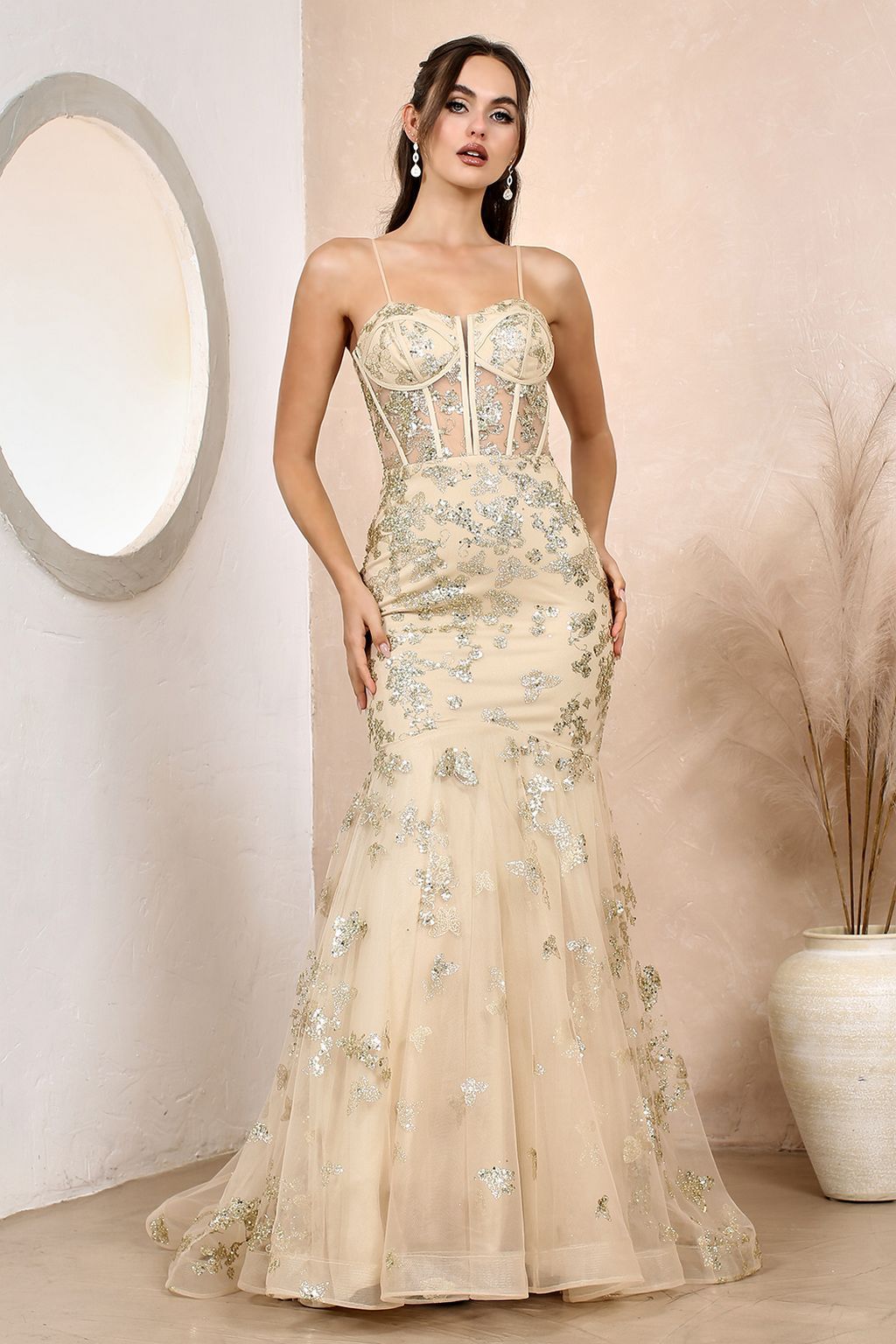 formal dresses_Adora 3179 Corset Long Mermaid Formal Glitter Prom Dress - Champagne / S - Adora Design