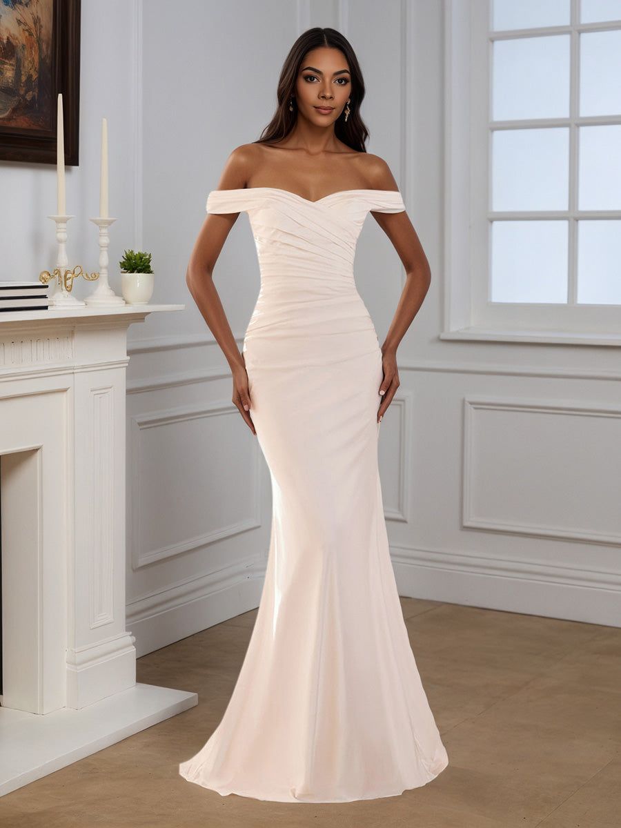 formal dresses_Ivory Off The Shoulder Evening Gown Sheath Sweep Train Long Prom Dress