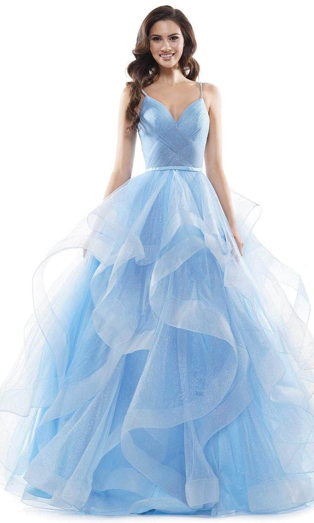 formal dresses_Colors Dress 2381 - Glitter Mesh V Neck Ballgown - 8 / Cornflower