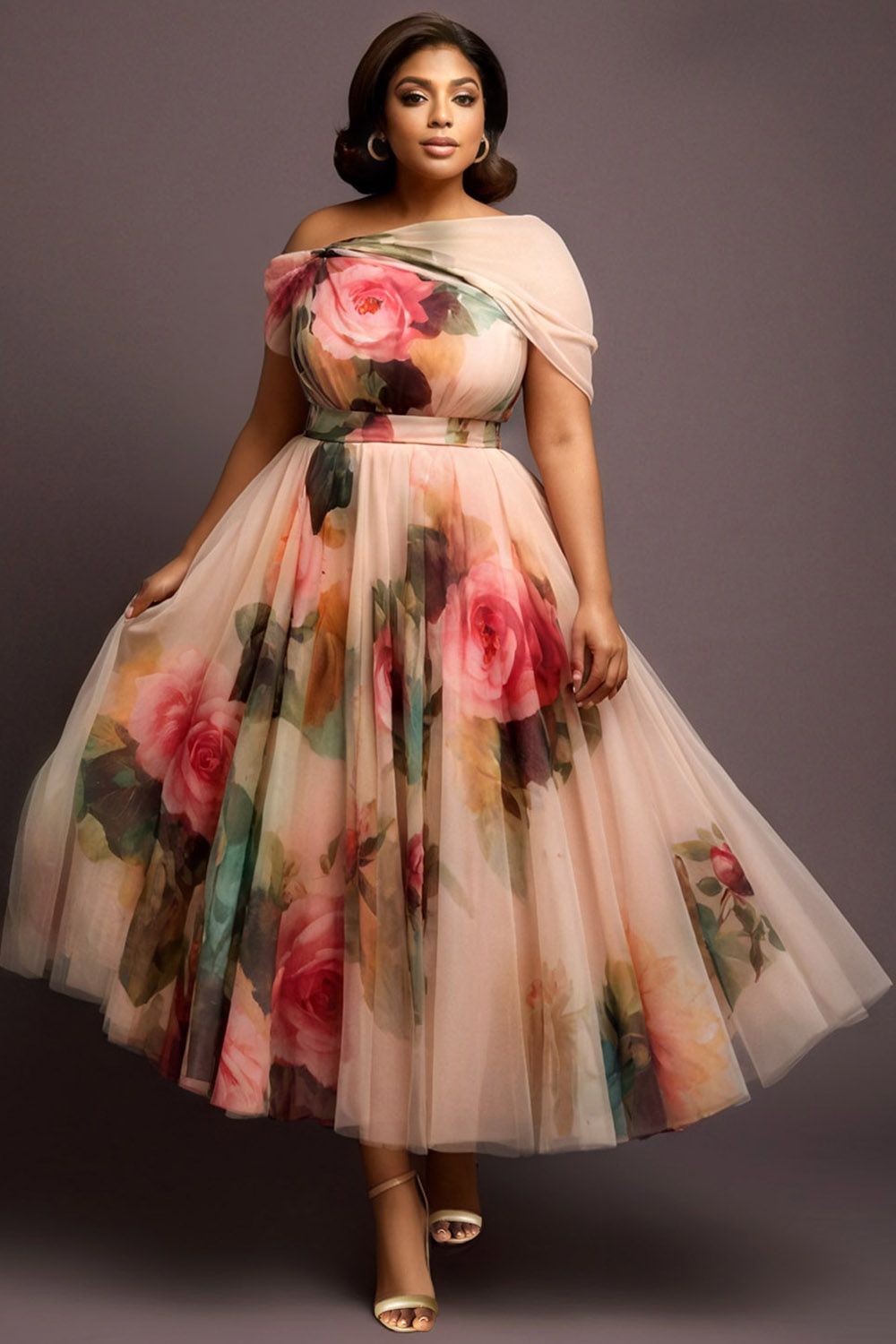 elegant dresses_Xpluswear Design Plus Size Wedding Guest Multicolor Floral Off The Shoulder Pocket Tulle Midi Dresses Multicolor-XL/14-16