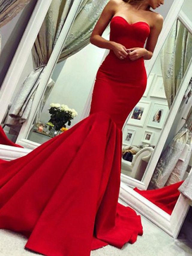 formal dresses_Mermaid / Trumpet Court Train Prom Dresses Evening Gown Ball Gown Formal Dress Minimalist Sexy Sleeveless Strapless Valentine's Day Wedding Guest Stretch Fabric with Pleats 2025 - $129.99