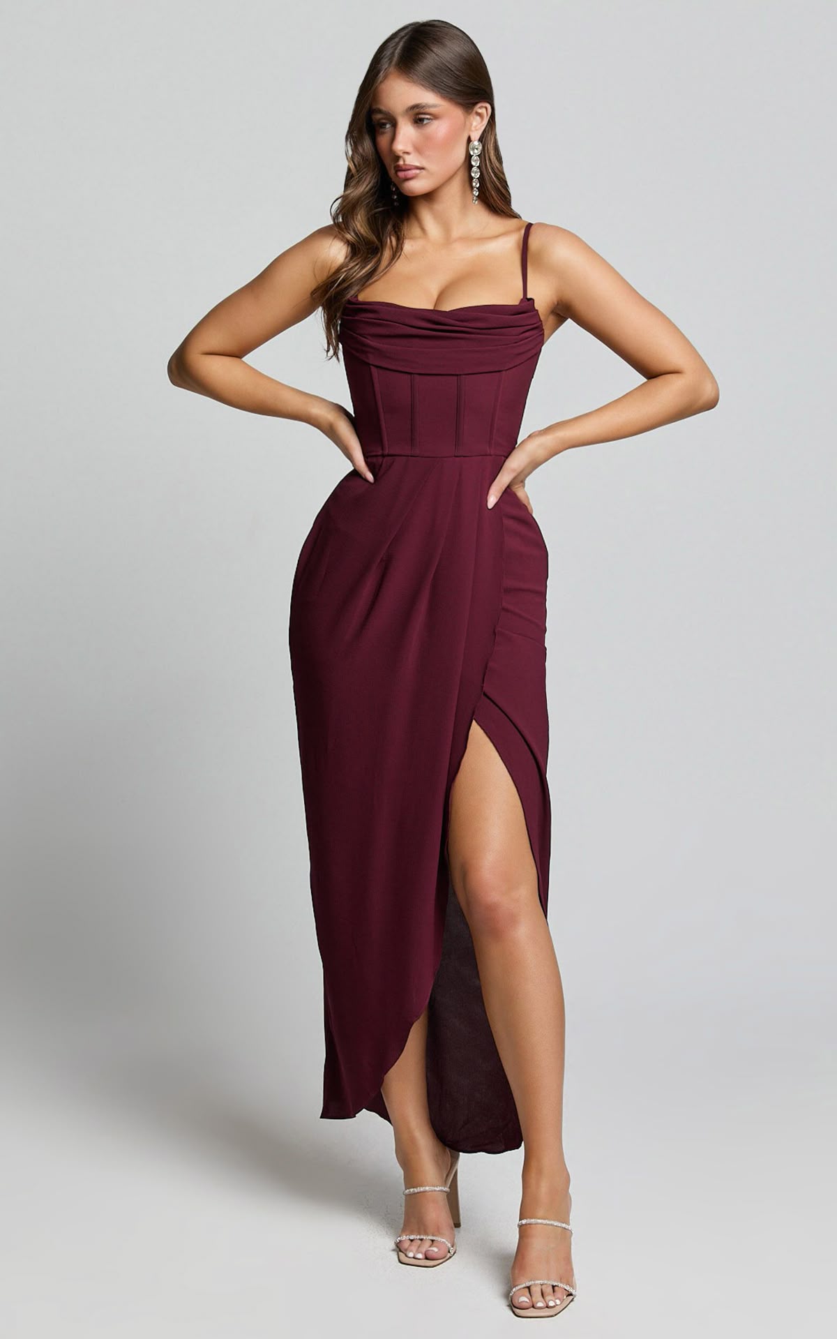 formal dresses_Andrina Midi Dress - High Low Wrap Corset Dress in Wine