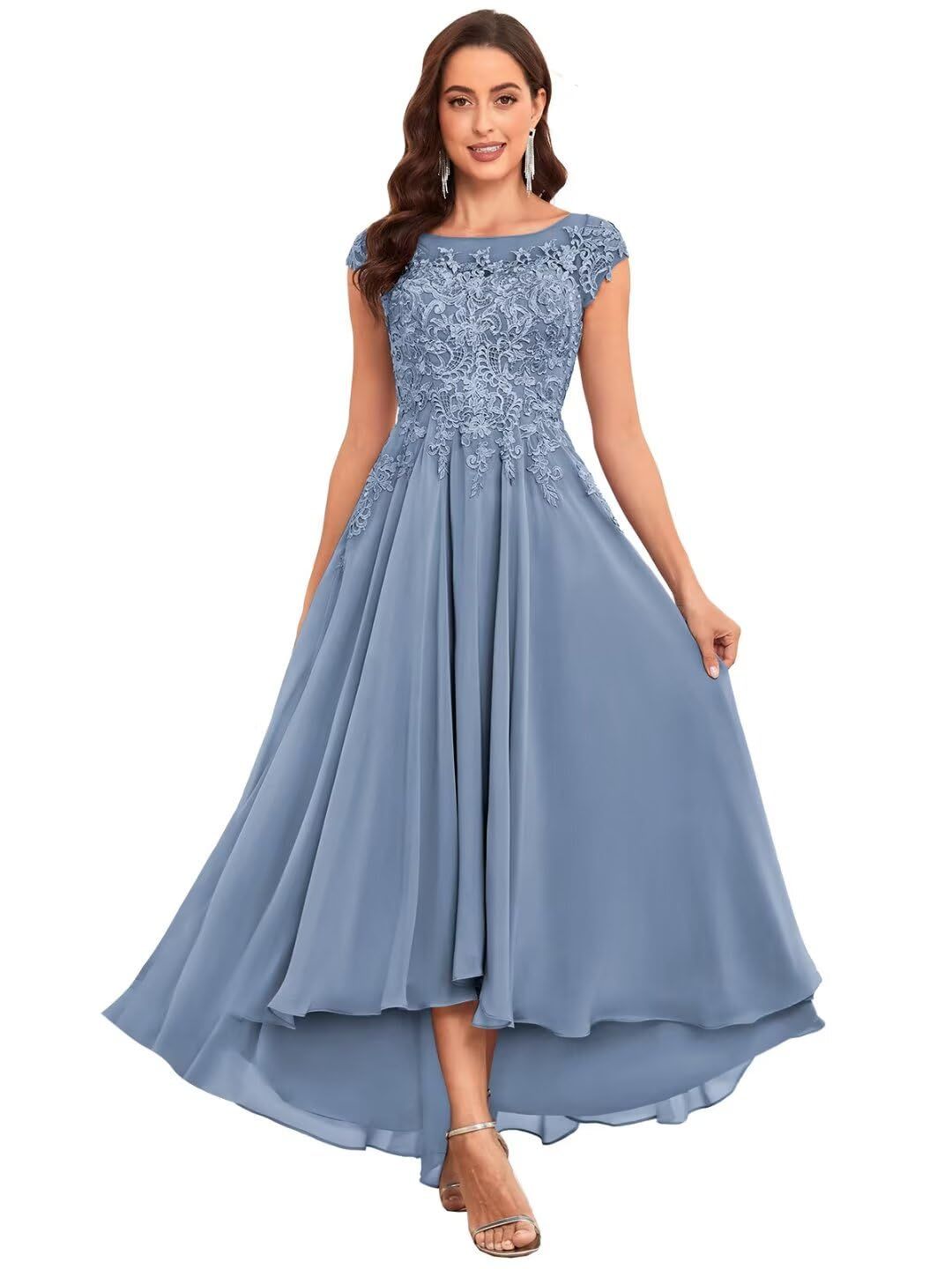 formal dresses_HANVAIOS Tea Length Mother of The Bride Dresses Lace Applique Cap Sleeve Formal Dress for Women with Pockets