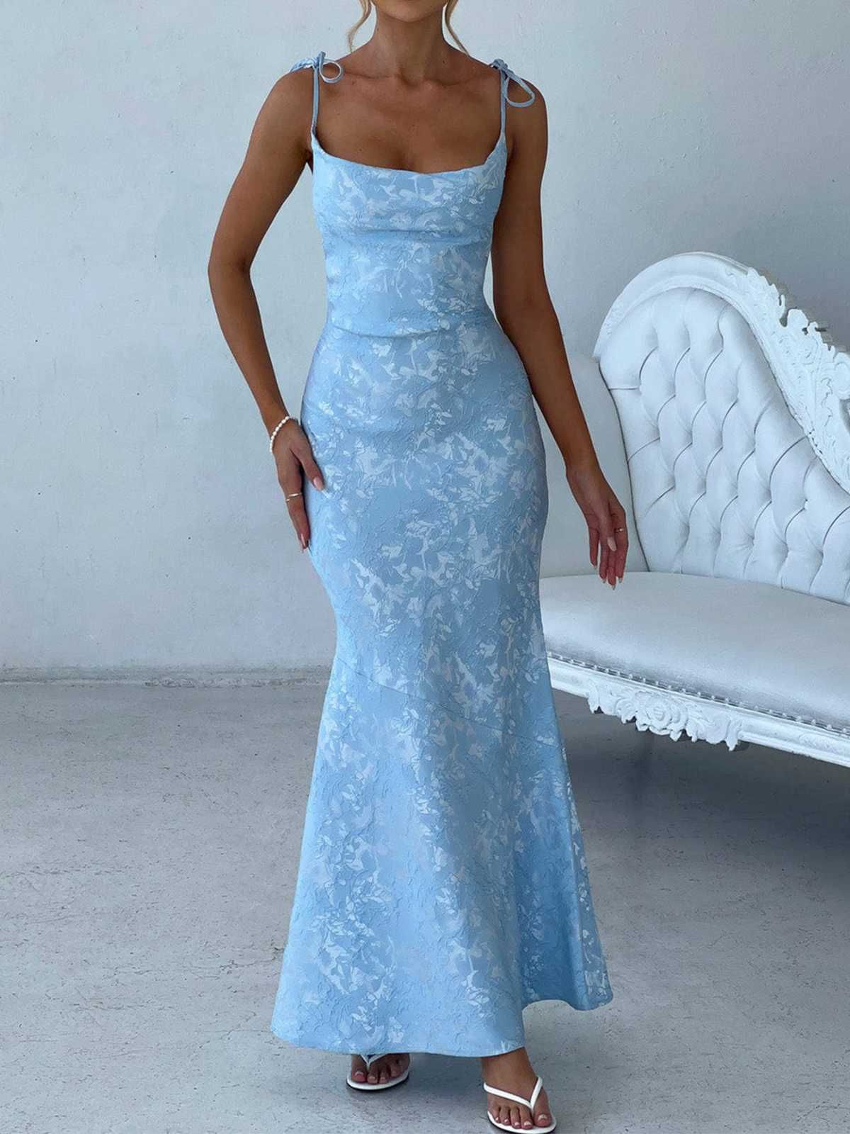 formal dresses_1930s Strap Floral Jacquard Mermaid Dress - Blue / XL