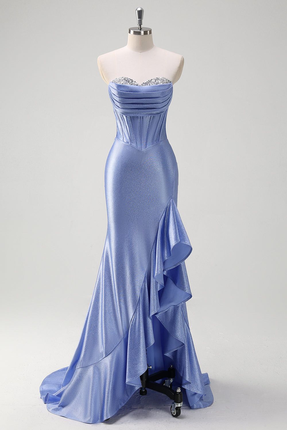 formal dresses_Sparkly Grey Blue Mermaid Strapless Ruffle Corset Satin Long Prom Dress with Slit