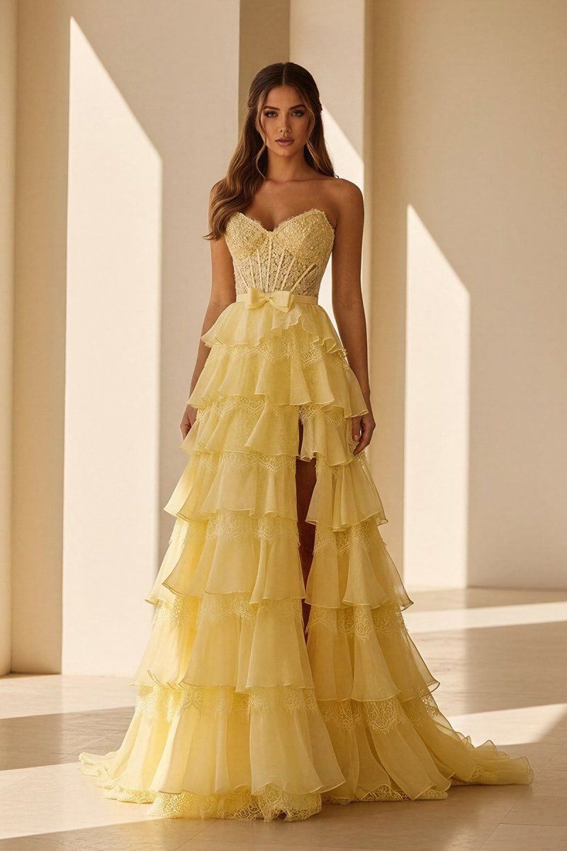 formal dresses_Syrina | Yellow - Strapless A Line Chiffon Tiered Prom Dresses With Bow - Yellow / 18