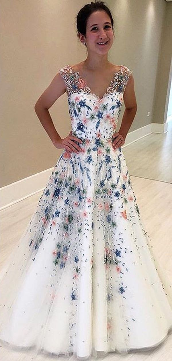 formal dresses_Stunning Floral Beading White V-neck Prom Dresses.PD00216 - US4 / Picture Color