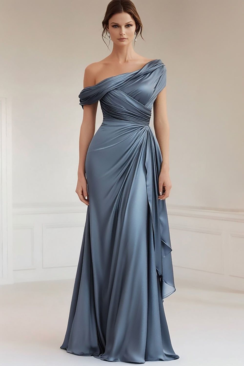 formal dresses_Mermaid Grey Blue One Shoulder Satin Ruched Mother Of Bride Dress with Ruffles