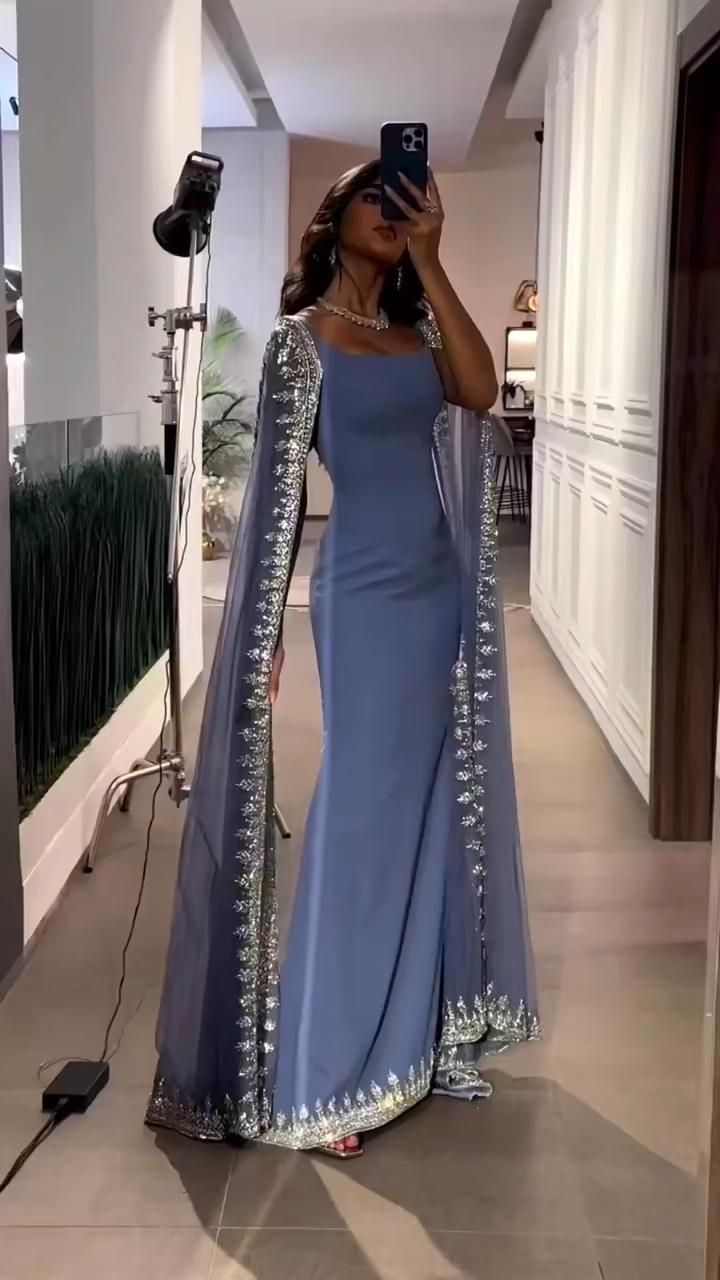 formal dresses_Luxury Crystal Blue Mermaid Evening Dresses with Cape Sleeves SS445