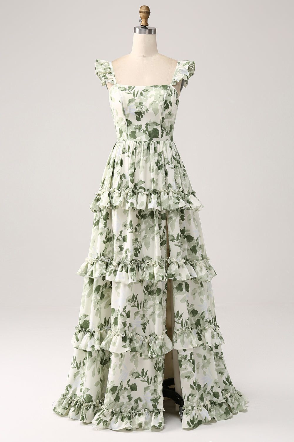 formal dresses_Green Floral Ruffles Tiered Prom Dress with Slit