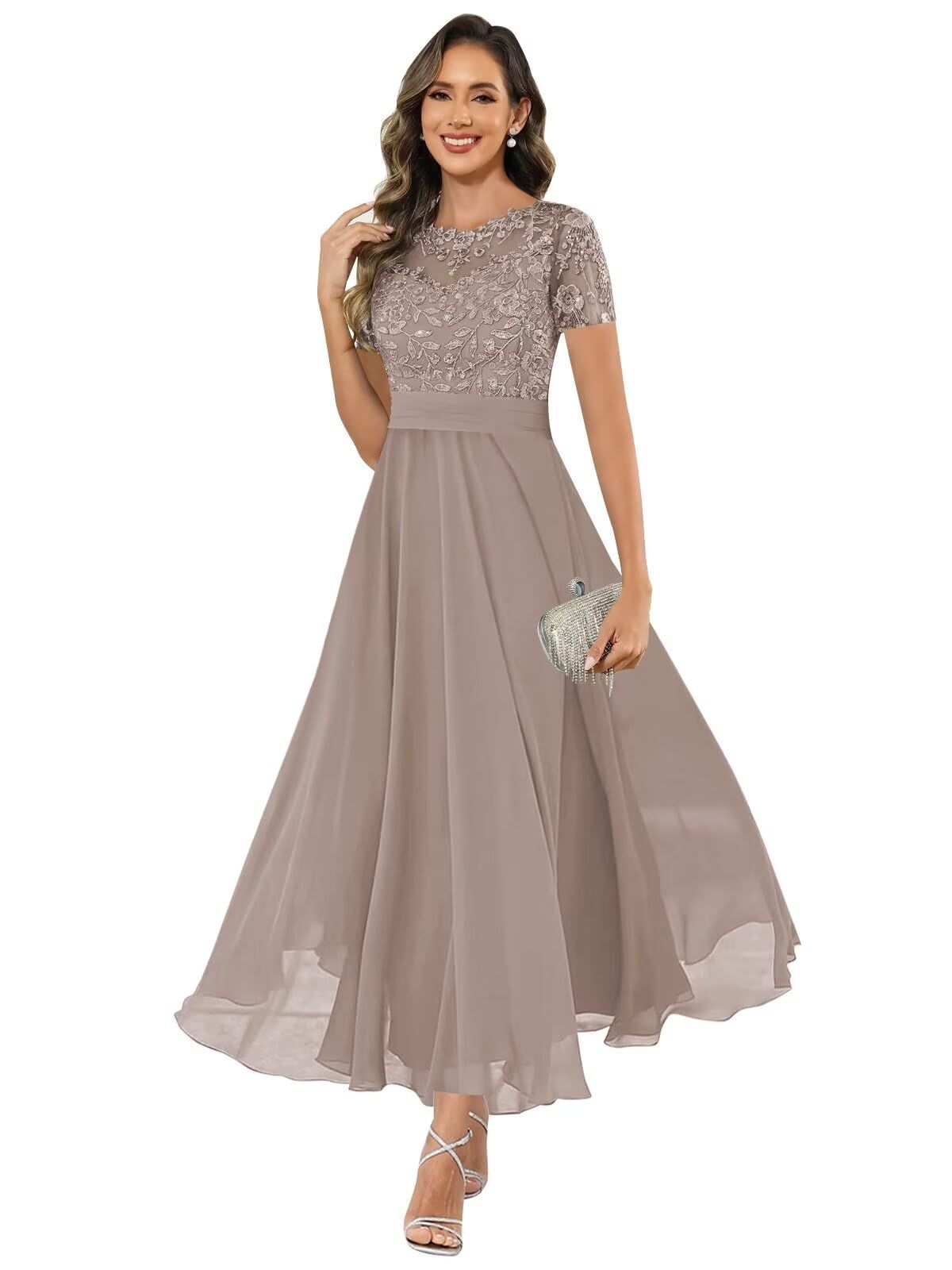 formal dresses_HANVAIOS Mother of The Bride Dresses for Women Short Sleeve Lace Appliques Long Chiffon Formal Dress