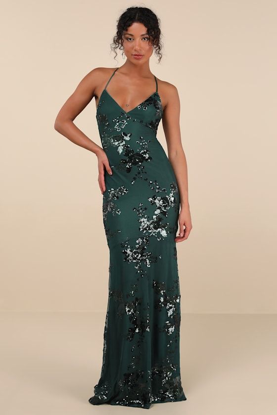 formal dresses_Valhalla Forest Green Sequin Lace-Up Maxi Dress
