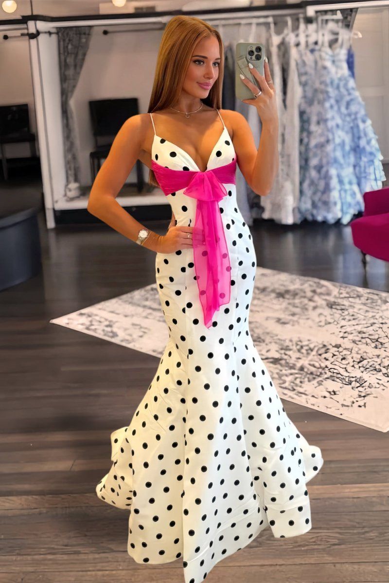 formal dresses_Cyrilla | White - Spaghetti Straps Polka Dots Mermaid Formal Prom Dres