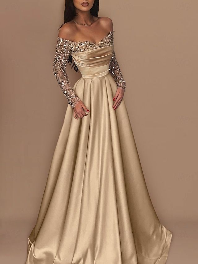 formal dresses_Ball Gown Sweep / Brush Train Floor Length Prom Dresses Evening Gown Ball Gown Formal Dress Hot Sparkle & Shine 3/4 Length Sleeve Off Shoulder Engagement Wedding Reception Satin with Sequin 2025 - $189.99