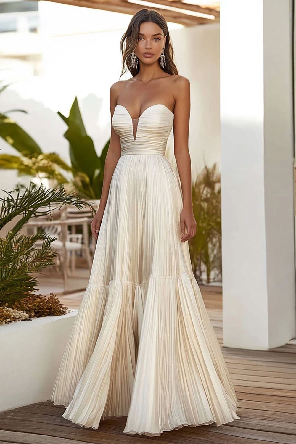 elegant dresses_Champagne A Line Strapless Pleated Long Wedding Guest Dress