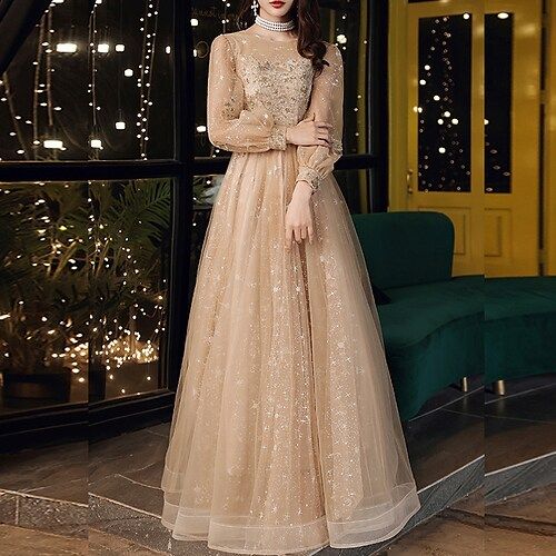 formal dresses_A-Line Prom Dresses Cute Dress Wedding Guest Party Wear Floor Length Long Sleeve Jewel Neck Tulle with Sequin Appliques