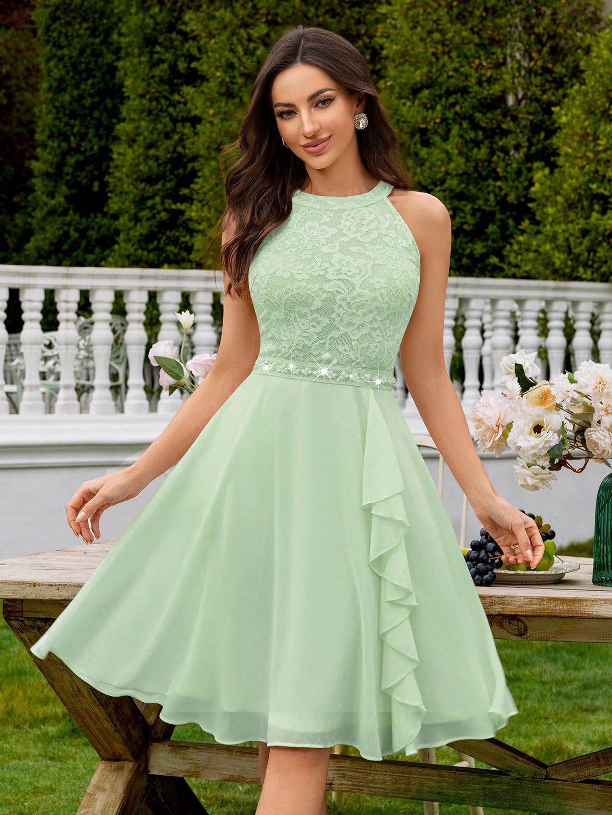 formal dresses_Floral Lace Halter Neck Ruffle Trim Chiffon Prom Party Swing Dress Elegant Semi Formal Wedding Guest Dress, For Birthday, Graduation, Homecoming