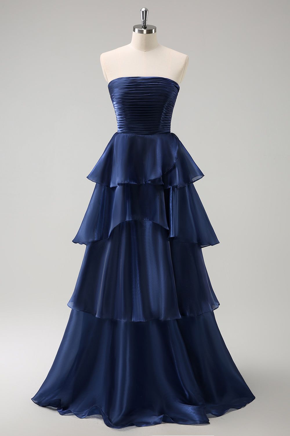 formal dresses_Dark Navy A Line Strapless Tiered Satin Long Bridesmaid Dress