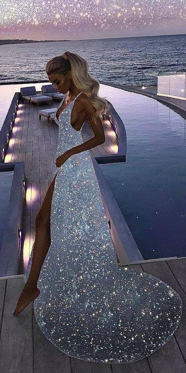 formal dresses_SP1432,Sexy V-Neck Custom Made Silver Sequin Long Prom Evening Dresses