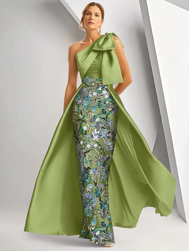 formal dresses_A-Line Floor Length Evening Gown Ball Gown with Overskirt Formal Dress Elegant Vintage Glittering Sleeveless One Shoulder Wedding Formal Satin with Bow(s) Slit Embroidery 2025 - $189.99