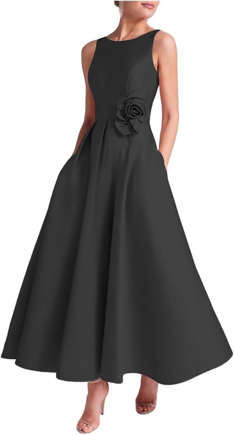 formal dresses_Satin Mother of Bride Dresses for Women 2025 Tea Length Boat Neck Satin Formal Evening Gown with Pockets