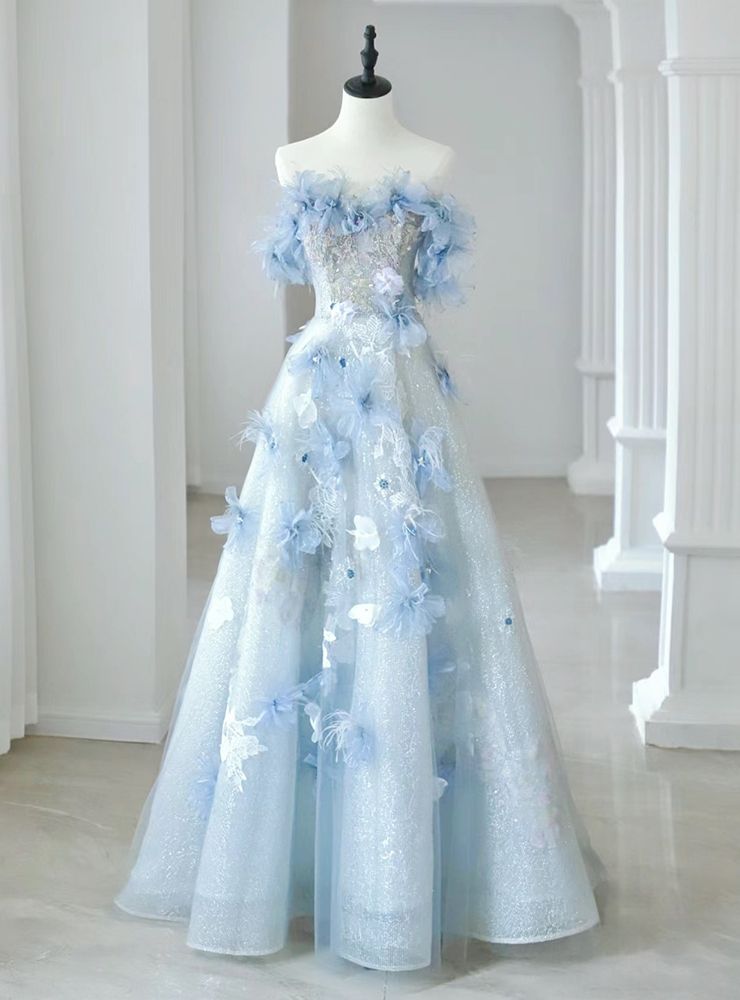 fancy dresses_Blue Tulle Off the Shoulder Flower Prom Dress