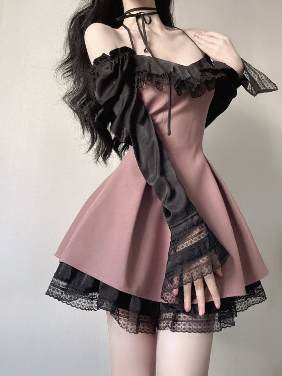 fancy dresses_Choker Ribbon Black Lace Girly Layered Dress  - XS / Black pink