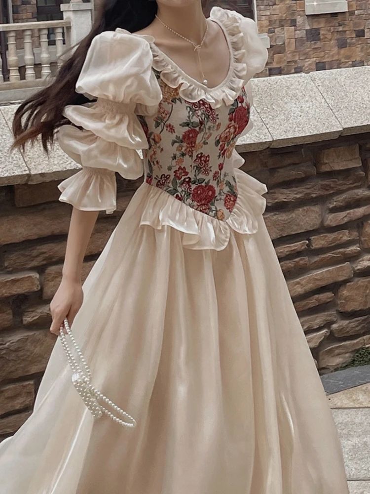 fancy dresses_Vintage Elegant Print Floral Dress Women 2023 Autumn O-neck Casual Evening Party Midi Dress Female