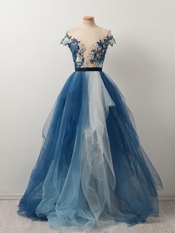 fancy dresses_Popular Off Shoulder Appliques Gradient Blue Ball Gown Prom Dresses  ,PD00106 - US12 / Picture Color