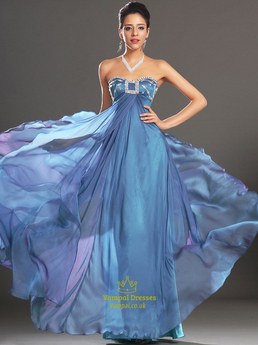 fancy dresses_A Line Blue Sweetheart Sleeveless Beaded Pleated Chiffon Prom Dress