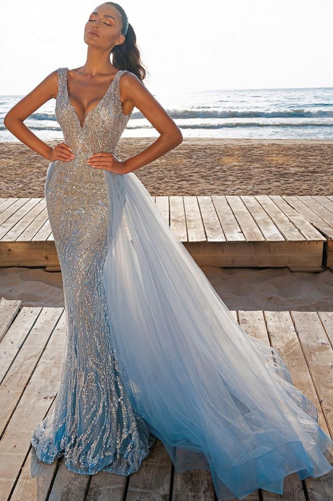 fancy dresses_Elegant V-Neck Slim Prom Party Gowns with Detachable Train Mermaid Evening Dress