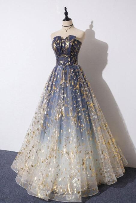 fancy dresses_A Line Strapless Ombre Long Prom Dress Party Dresses