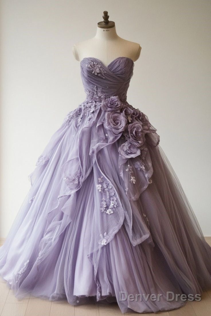 fancy dresses_Purple A-Line Sweetheart Tulle Applique Long Prom Dress Sweet Evening