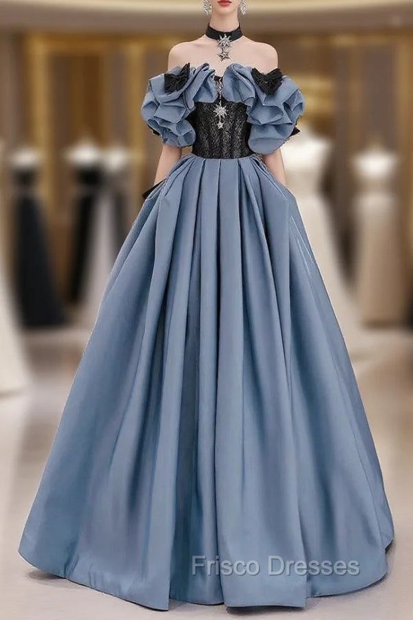 fancy dresses_Blue Satin Black Lace Strapless Formal Prom Dress - Blue / US2